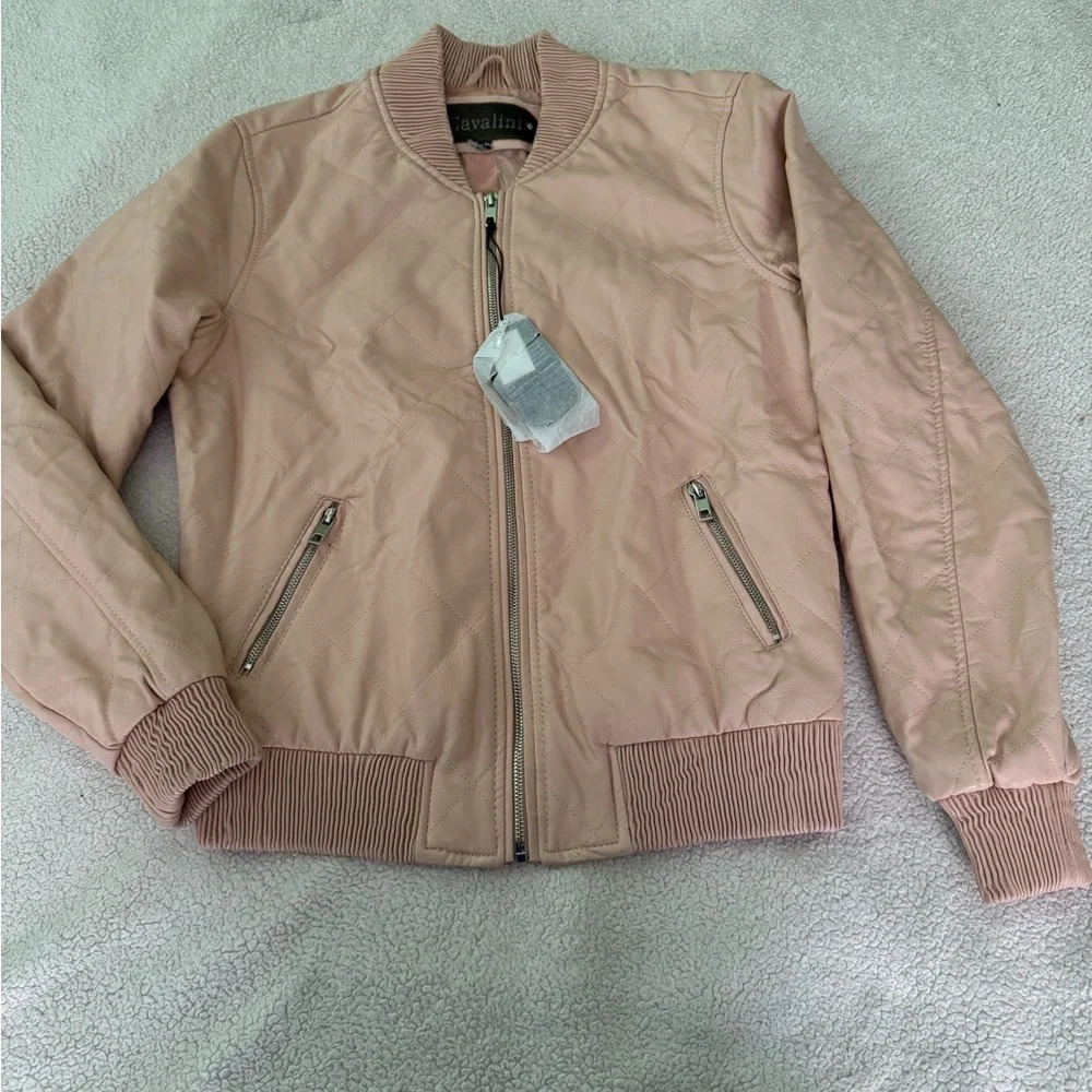 NWT Cavalini Soft Pink Blush Quilted Vegan Leather Bomber Jacket Sz Medium.
